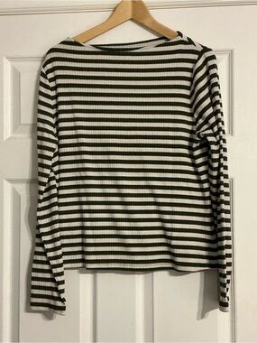 🎉3 for $20🎉 Striped Long Sleeve Boat Neck Ribbed Top - Olive Green & Cream